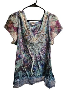 new directions Beaded V-Neck Paisley Tunic - Purple Teal, 1X